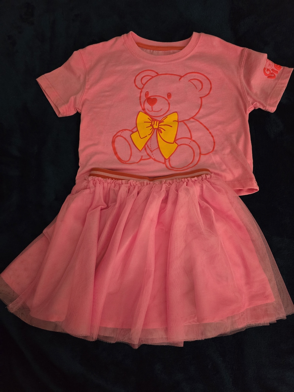 Pink Teddy Tee & Tulle Skirt Set with Yellow Bow Graphic